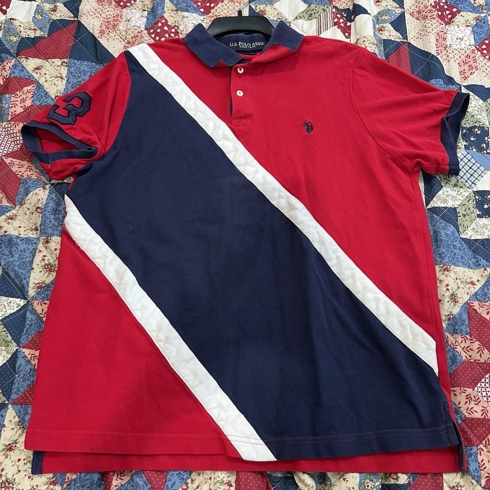 U.S. Polo Assn Mens Embroidered Logo Rugby Polo Shirt Large Red White Navy